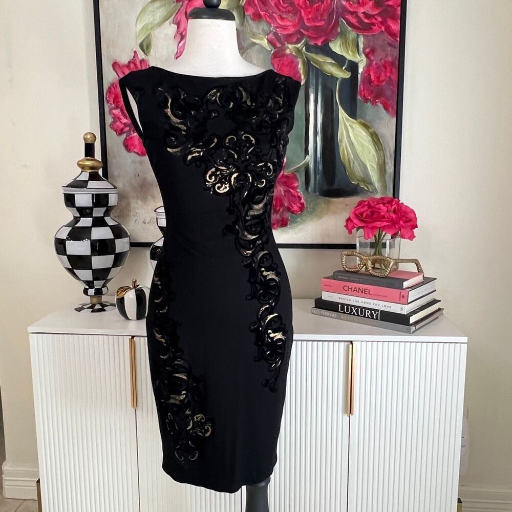 Caché Women's Velvet Floral Sleeveless Bodycon Dress Black Gold Size 0